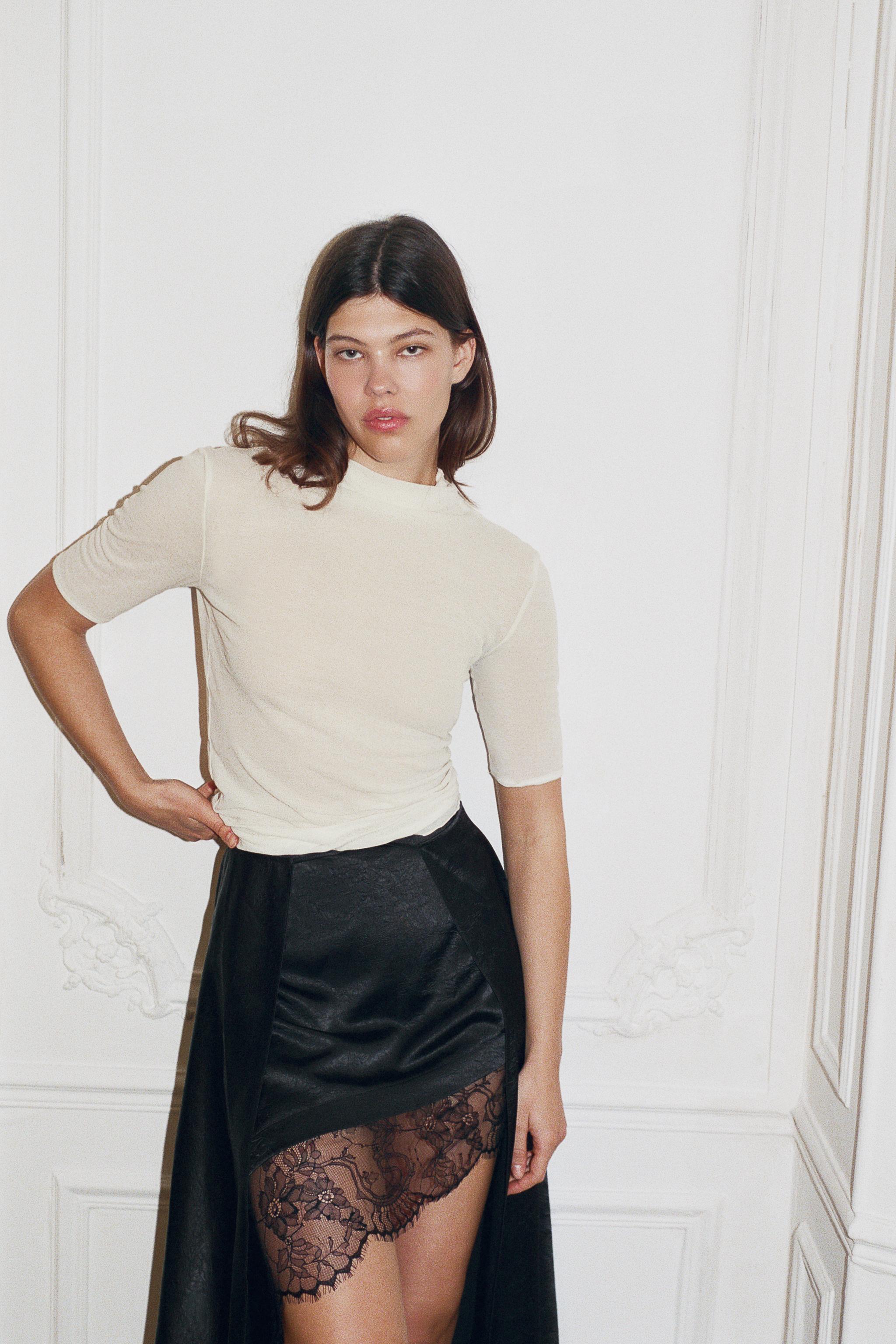 WRINKLED EFFECT LACE MIDI SKIRT